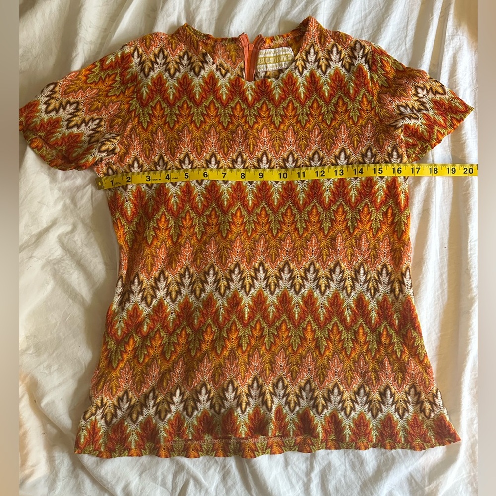 Vintage Autumn Leaf Patterned Short Sleeve Knit Top Thanksgiving